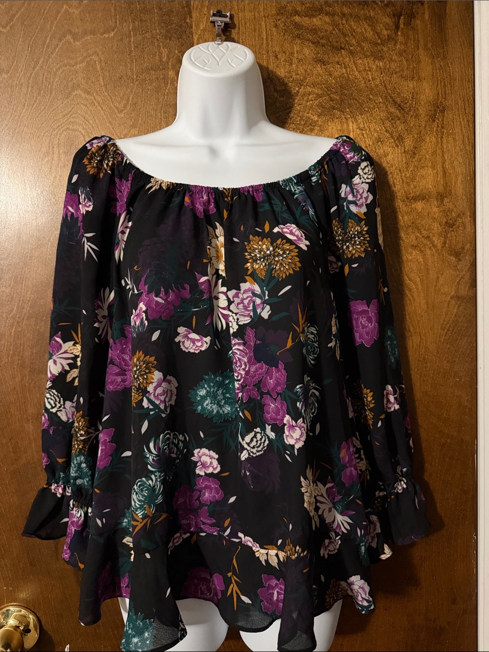 INC International Concepts Black Floral Off-Shoulder Blouse with Purple Accents